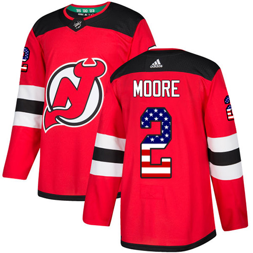 Adidas Devils #2 John Moore Red Home Authentic USA Flag Stitched NHL Jersey - Click Image to Close